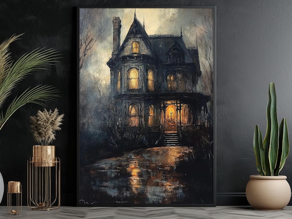 Victorian Haunted Mansion Night Glowing Amber Windows Misty Water Reflection Poster
