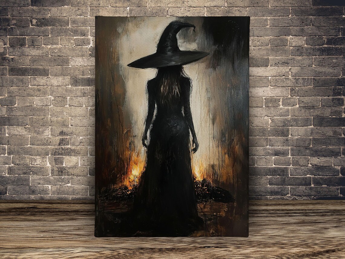 Witch Silhouette Pointed Hat Forest Fire Painterly Dark Halloween Art Poster - Image 2
