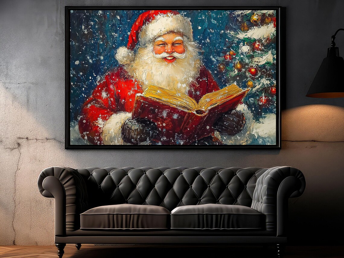 Laughing Santa Claus Holding Open Book Snowy Christmas Tree Vintage Art Poster - Image 6