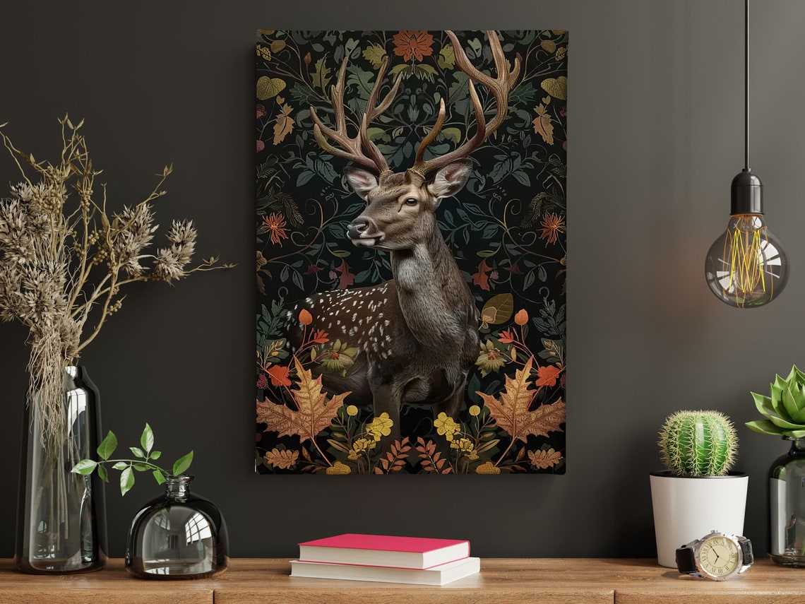 Spotted Stag With Majestic Antlers In Dark Botanical Forest Art Poster - Image 4