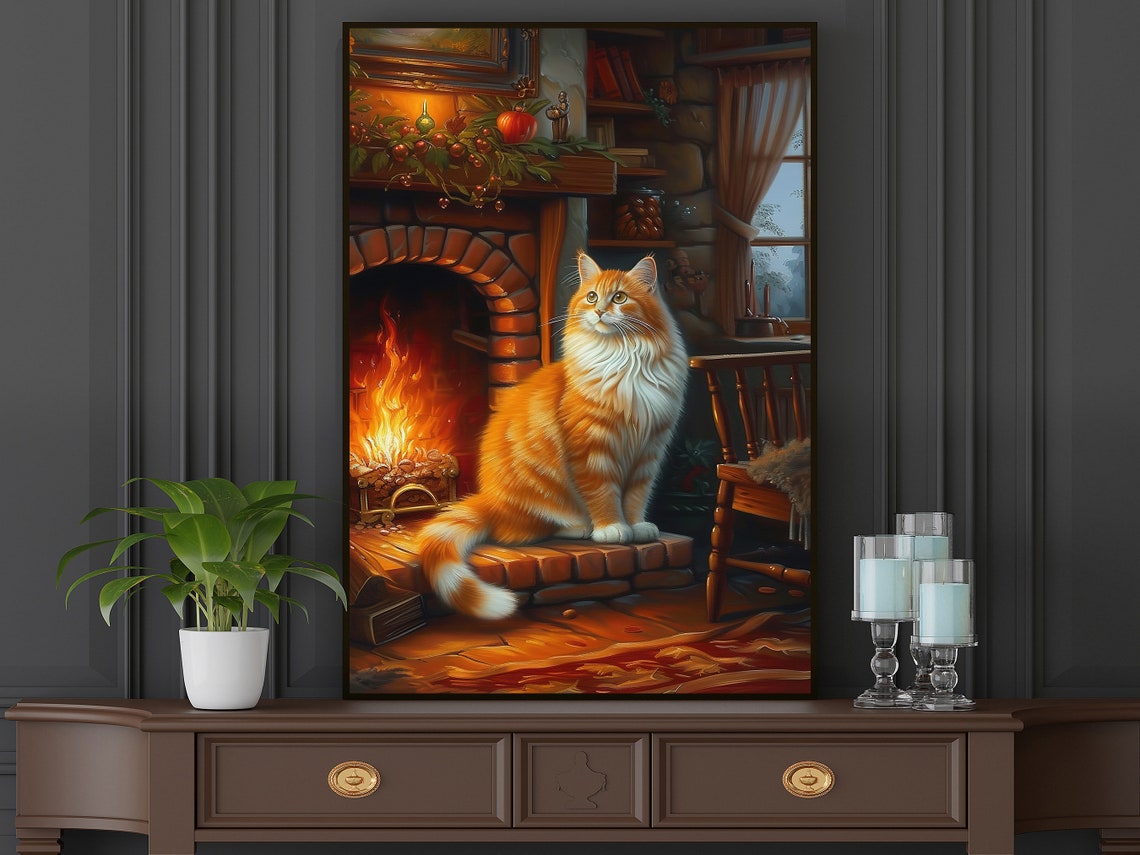 Fluffy Orange Cat By Cozy Fireplace Hearth Cottage Winter Art Poster - Image 4