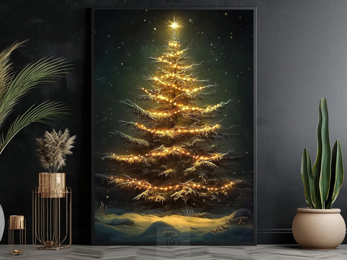 Vintage Christmas Tree Art Print, Cozy Holiday Decor