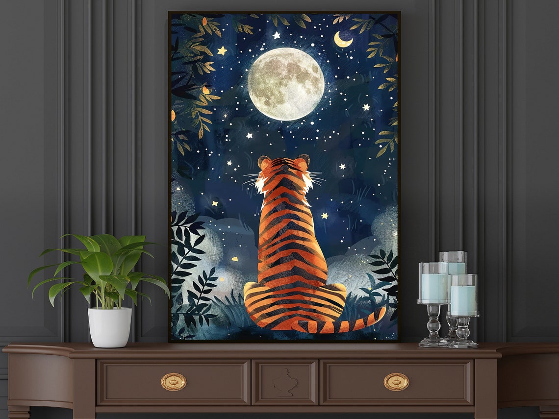 Tiger Gazing At Full Moon Starry Night Jungle Wall Art Poster - Image 3