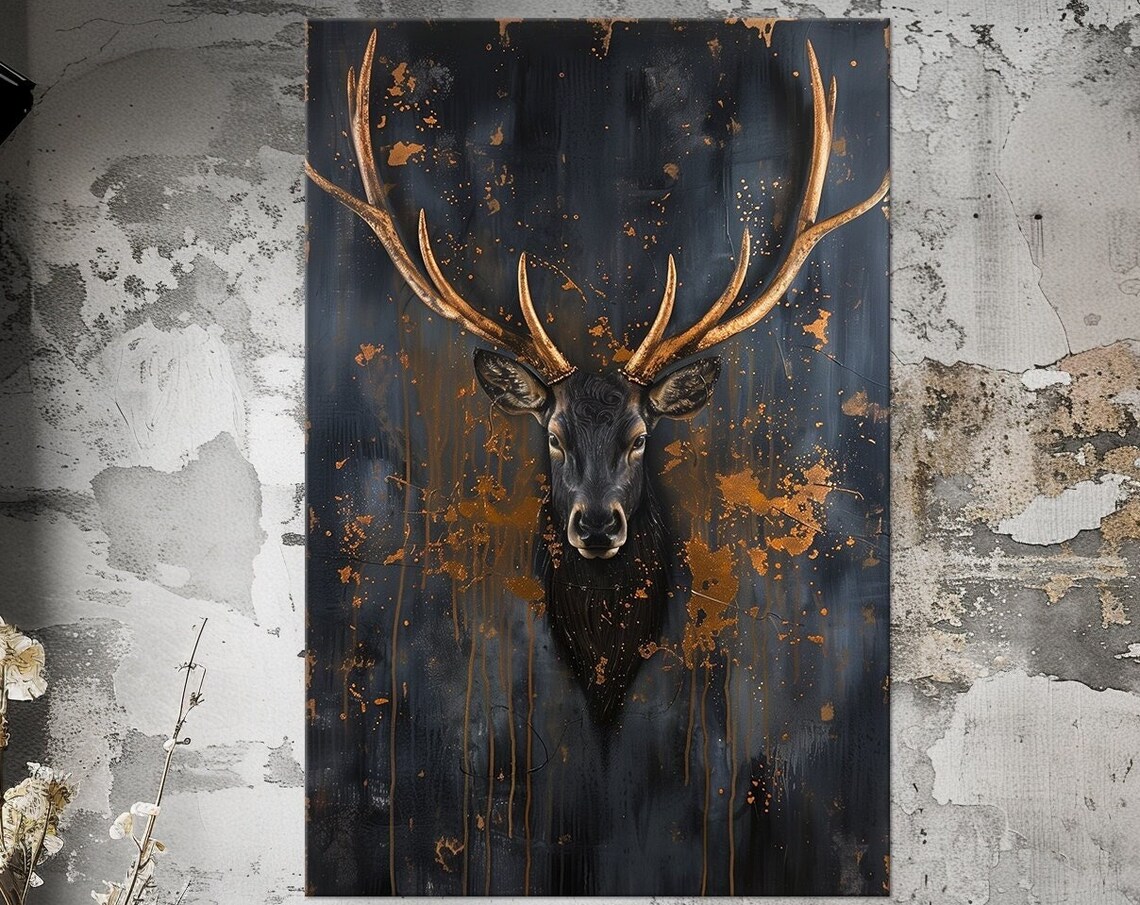 Golden Abstract Deer Wall Art Print, Modern Stag