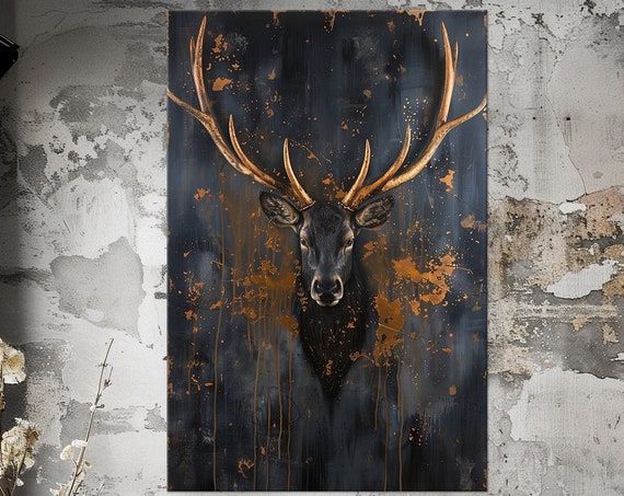 Golden Abstract Deer Wall Art Print, Modern Stag