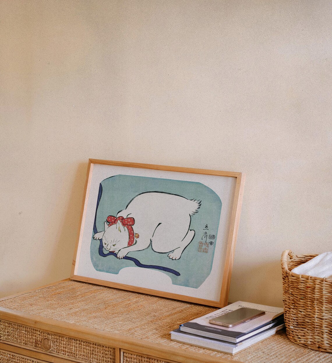 Vintage Japanese White Cat Woodblock Art in Ukiyo-e Style Poster - Image 2
