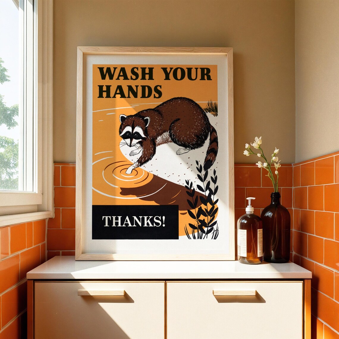 Raccoon Wash Your Hands Thanks Funny Animal Retro Bathroom Poster - Image 3