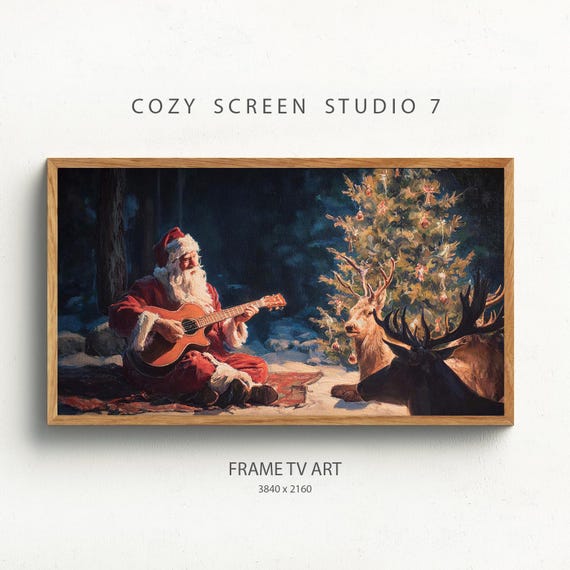 Santa Playing Guitar Frame Tv Art Christmas Painting