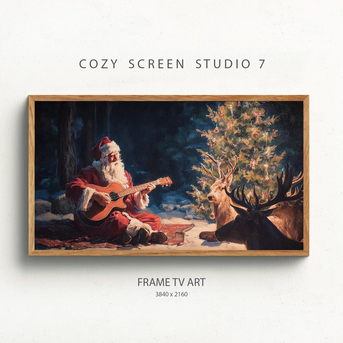 Santa Playing Guitar Frame Tv Art Christmas Painting
