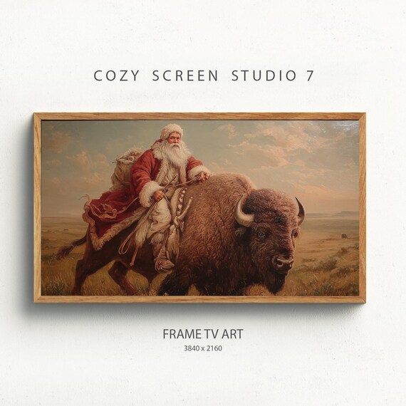 Cowboy Santa Riding Bison Western Christmas Holiday Painting Poster