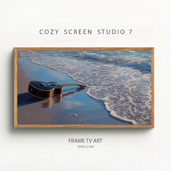 Acoustic Guitar On Beach Frame Tv Art Tropical Decor