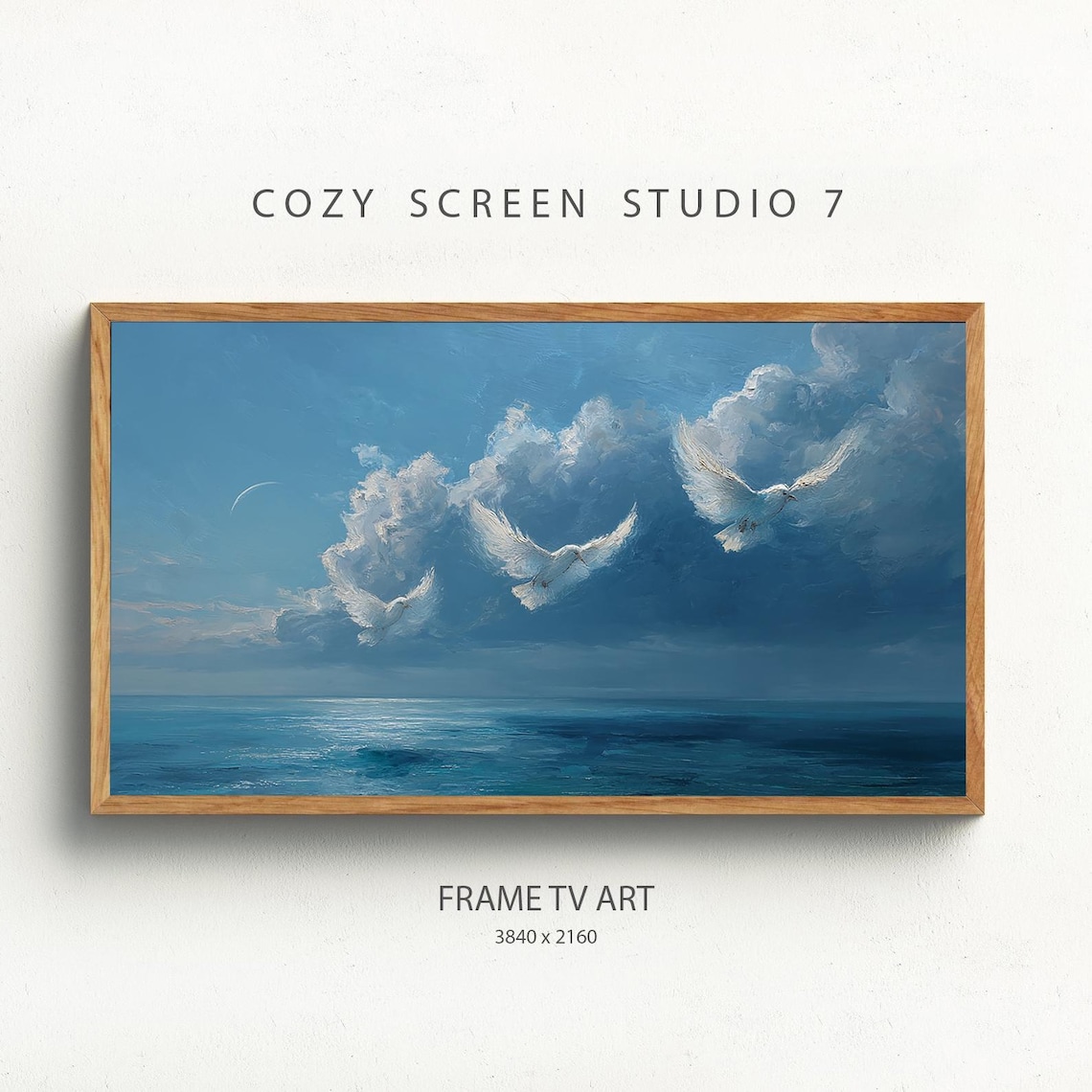 Doves Over Ocean Christian Painting, Frame TV Art