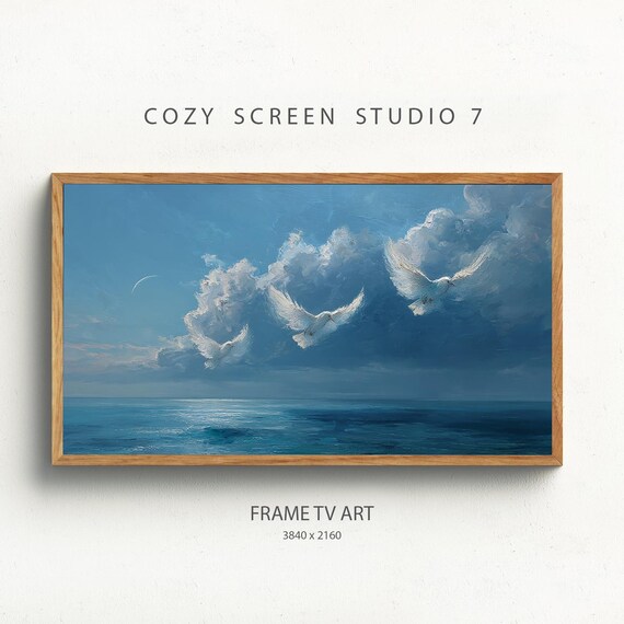 Doves Over Ocean Christian Painting, Frame TV Art