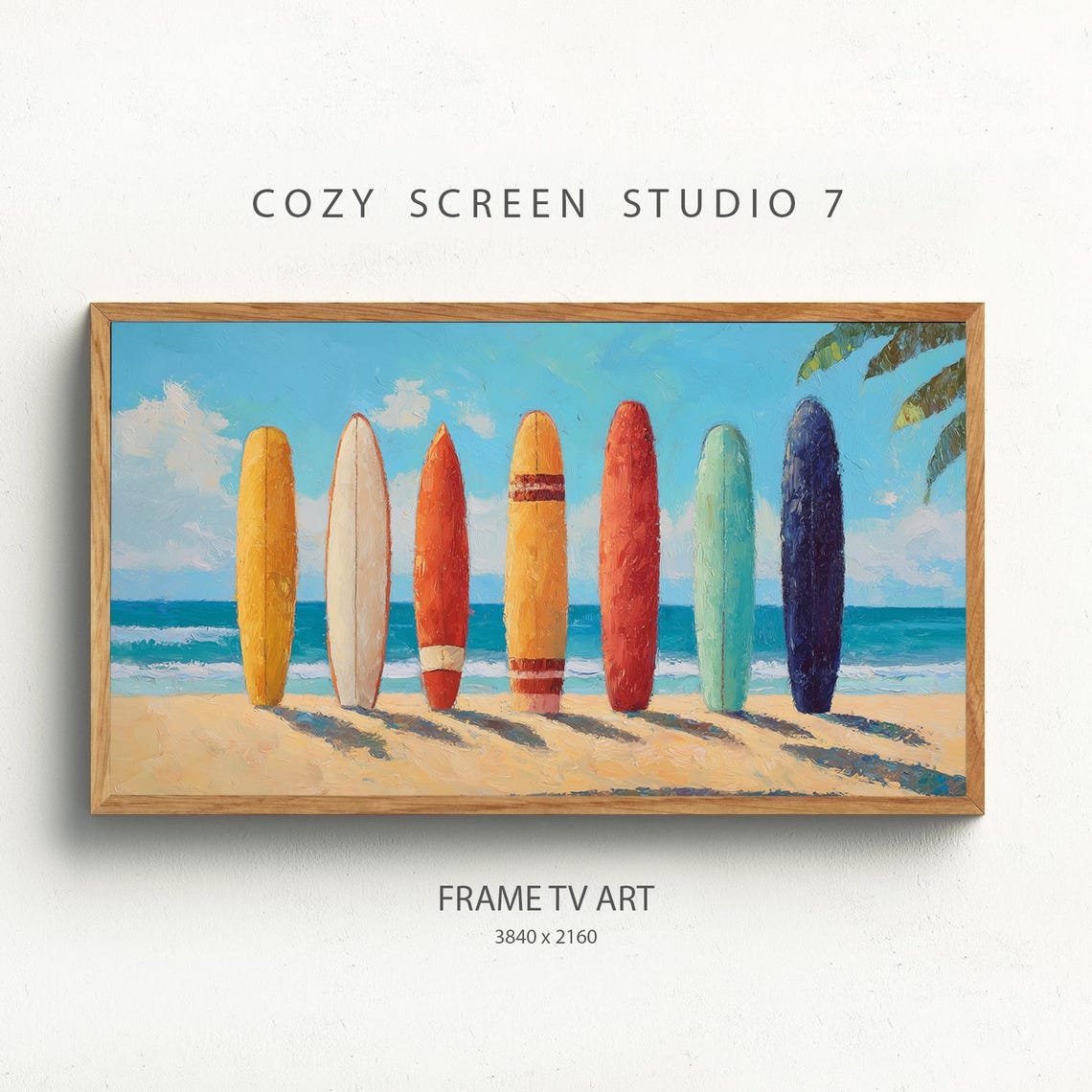 Surfboards On Beach Frame Tv Art Tropical Surfing Decor