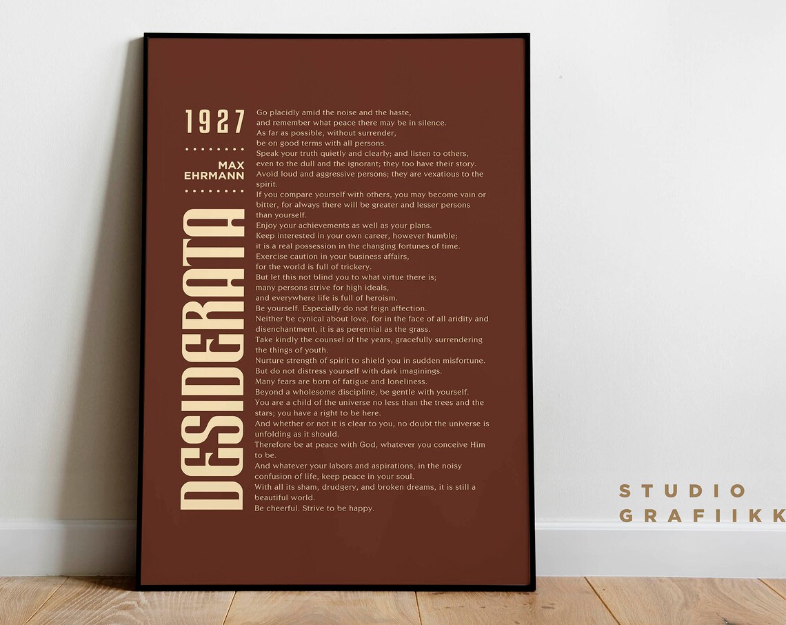 Desiderata Art Print Unframed Poster Max Ehrmann Poem Typographic Poster 3 Motivational Poem Literature Brown