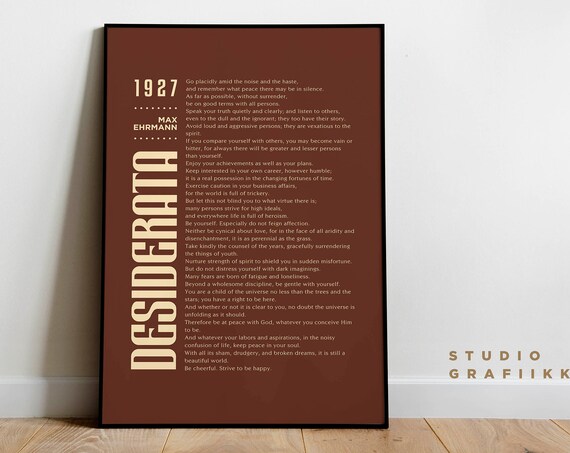 Desiderata Art Print Unframed Poster Max Ehrmann Poem Typographic Poster 3 Motivational Poem Literature Brown