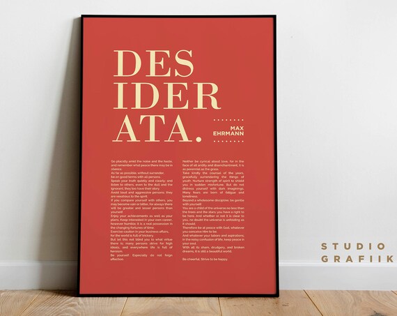 Desiderata Art Print Max Ehrmann Poem Typographic Poster 10 Unframed Poster Motivational Literature Red