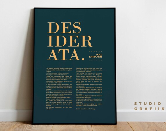 Desiderata Art Print Unframed Poster Max Ehrmann Poem Typographic Poster 9 Motivational Literature Navy And Beige