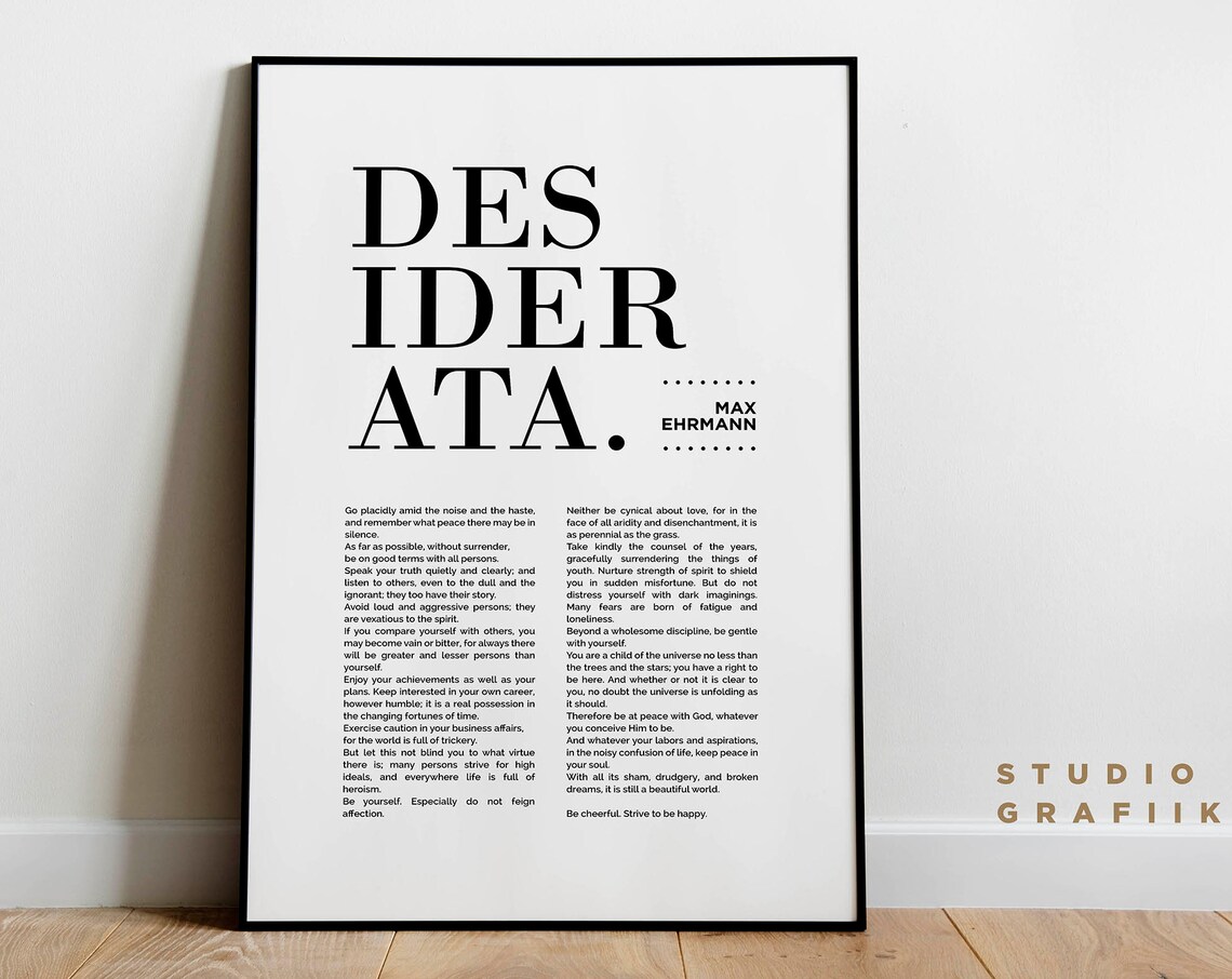 Desiderata Art Print Max Ehrmann Typographic Poster 6 Motivational Poem Literature Black And White Unframed Poster