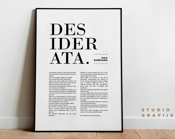 Desiderata Art Print Max Ehrmann Typographic Poster 6 Motivational Poem Literature Black And White Unframed Poster