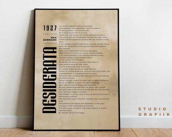 Desiderata Art Print Max Ehrmann Poem Unframed Poster Typographic Poster 2 Motivational Poem Literature Vintage Paper