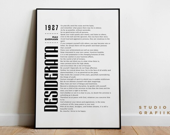Desiderata Art Print Max Ehrmann Poem Typographic Poster 1 Unframed Print Motivational Poem Literature Black And White