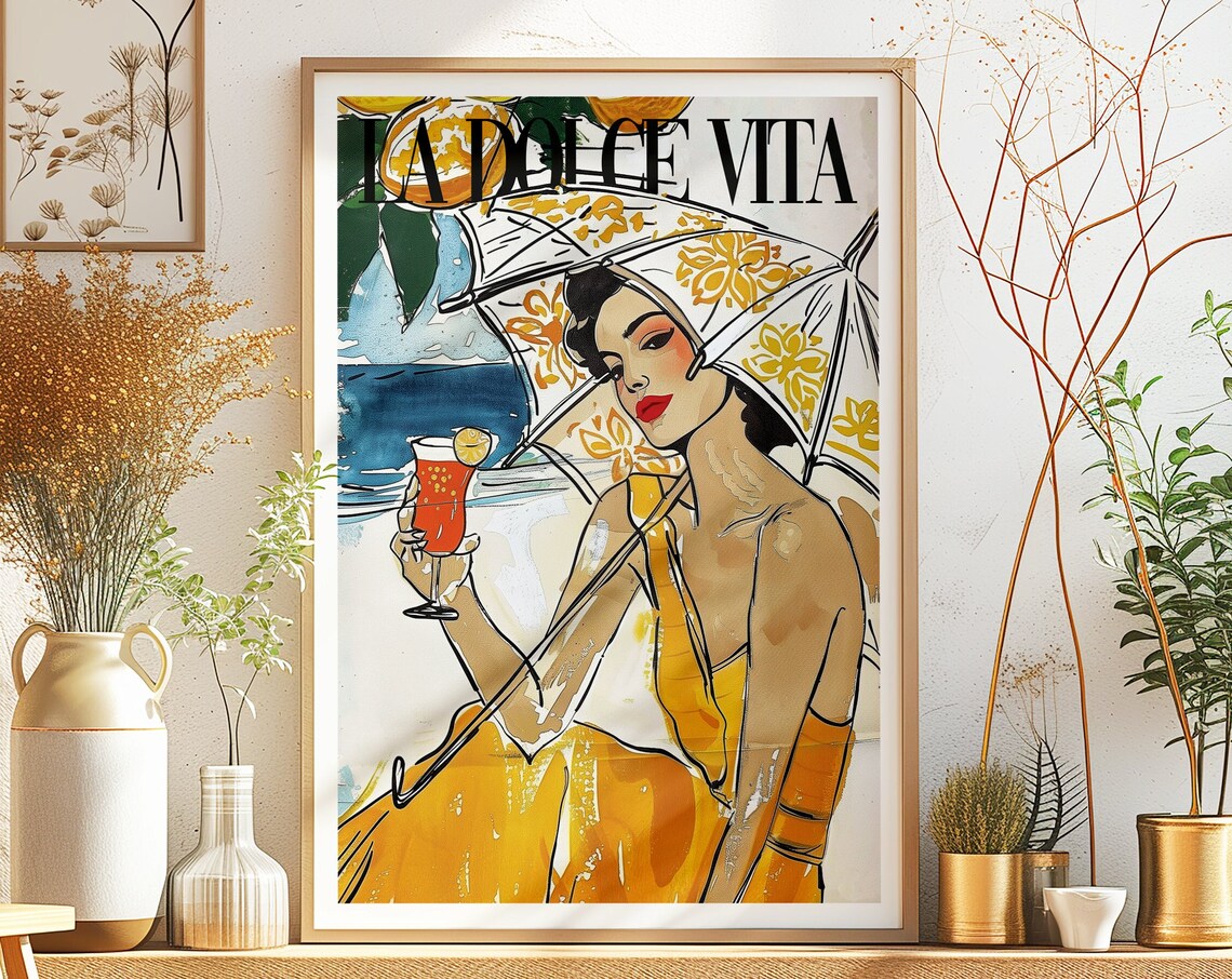 La Dolce Vita Italian Woman Beach Fashion Illustration Poster