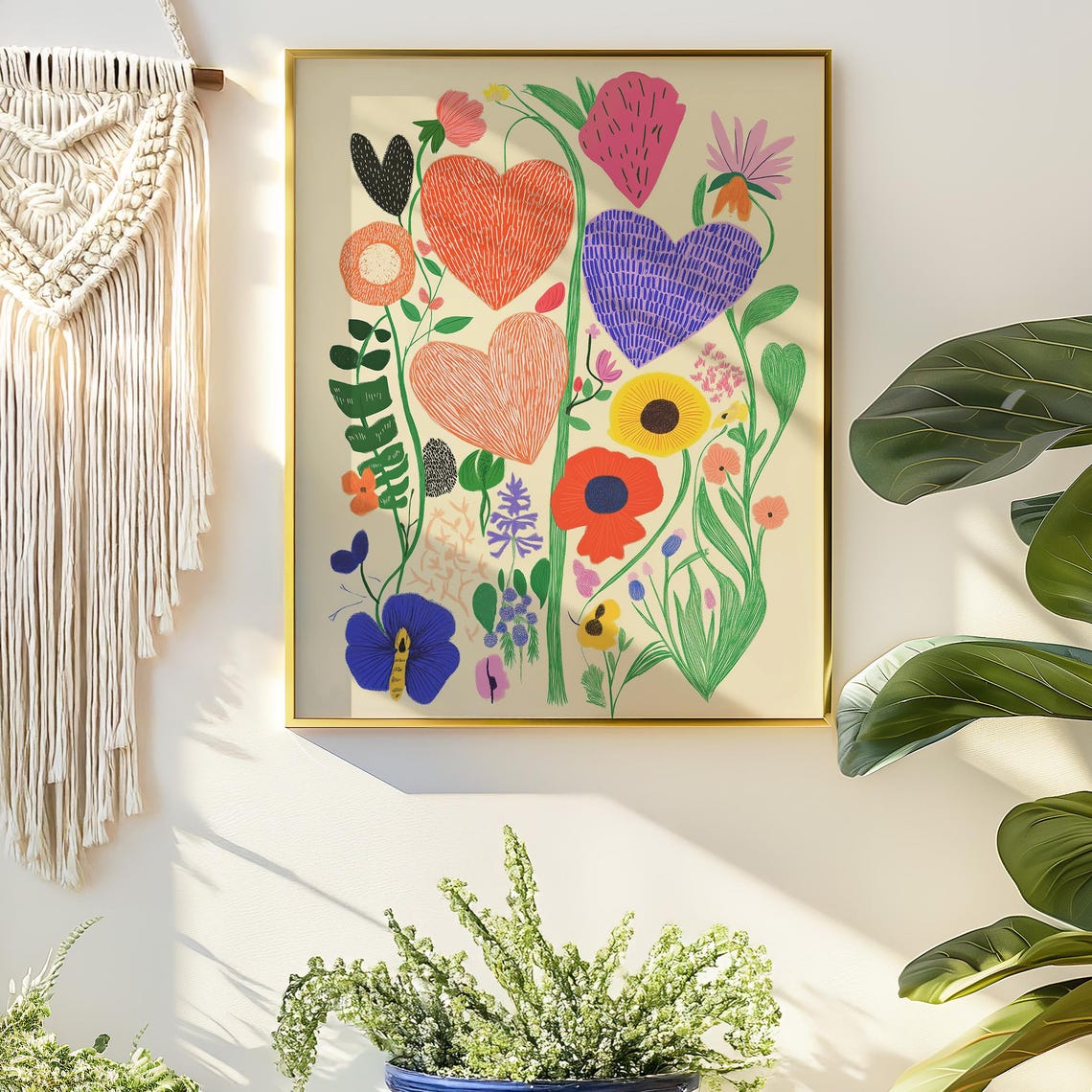 Botanical Heart Flower Art Print Colorful Floral Wall Modern Nature Illustration Poster