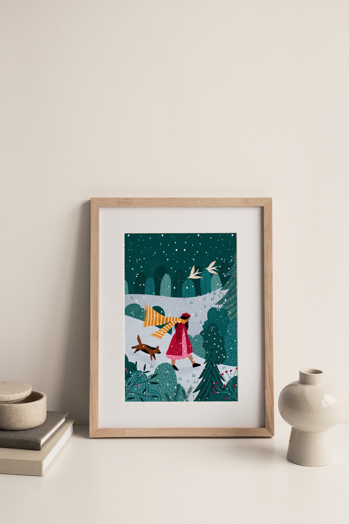 Girl Walking Dog In Snowy Night Forest Winter Illustration Poster - Image 3