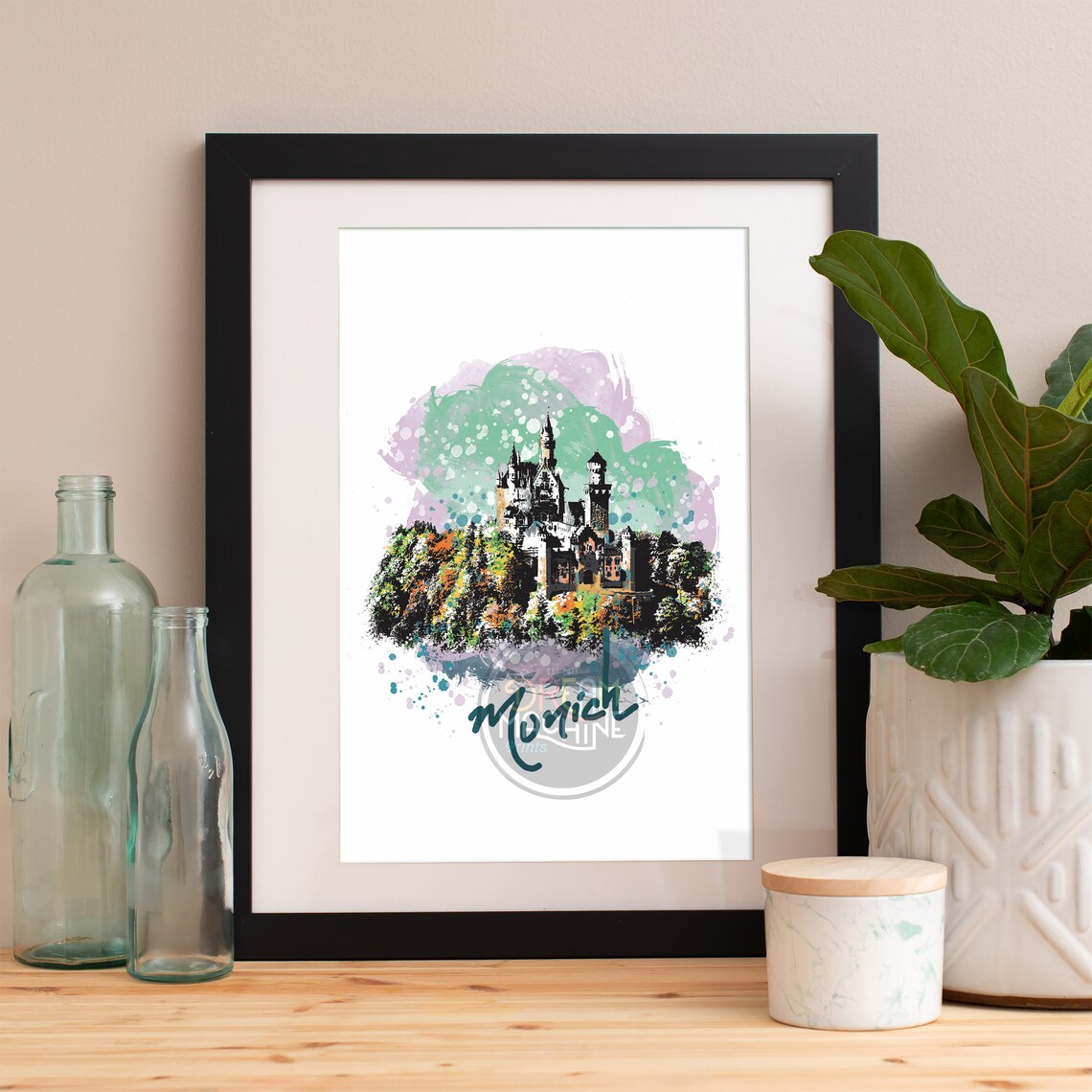 Munich Skyline, Watercolor Travel Poster
