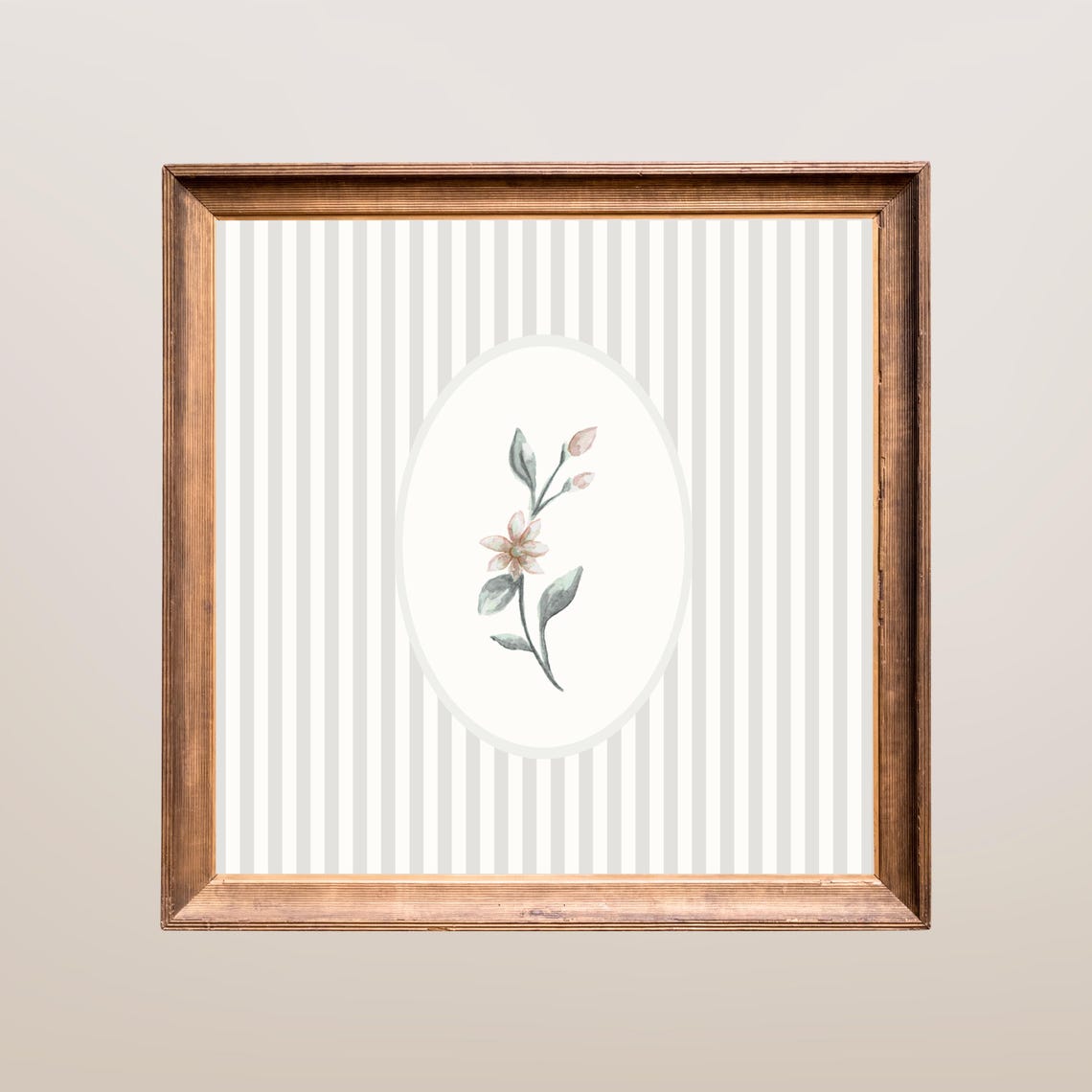 Delicate Blush Floral Sprig on Grey Stripes Antique Style Print
