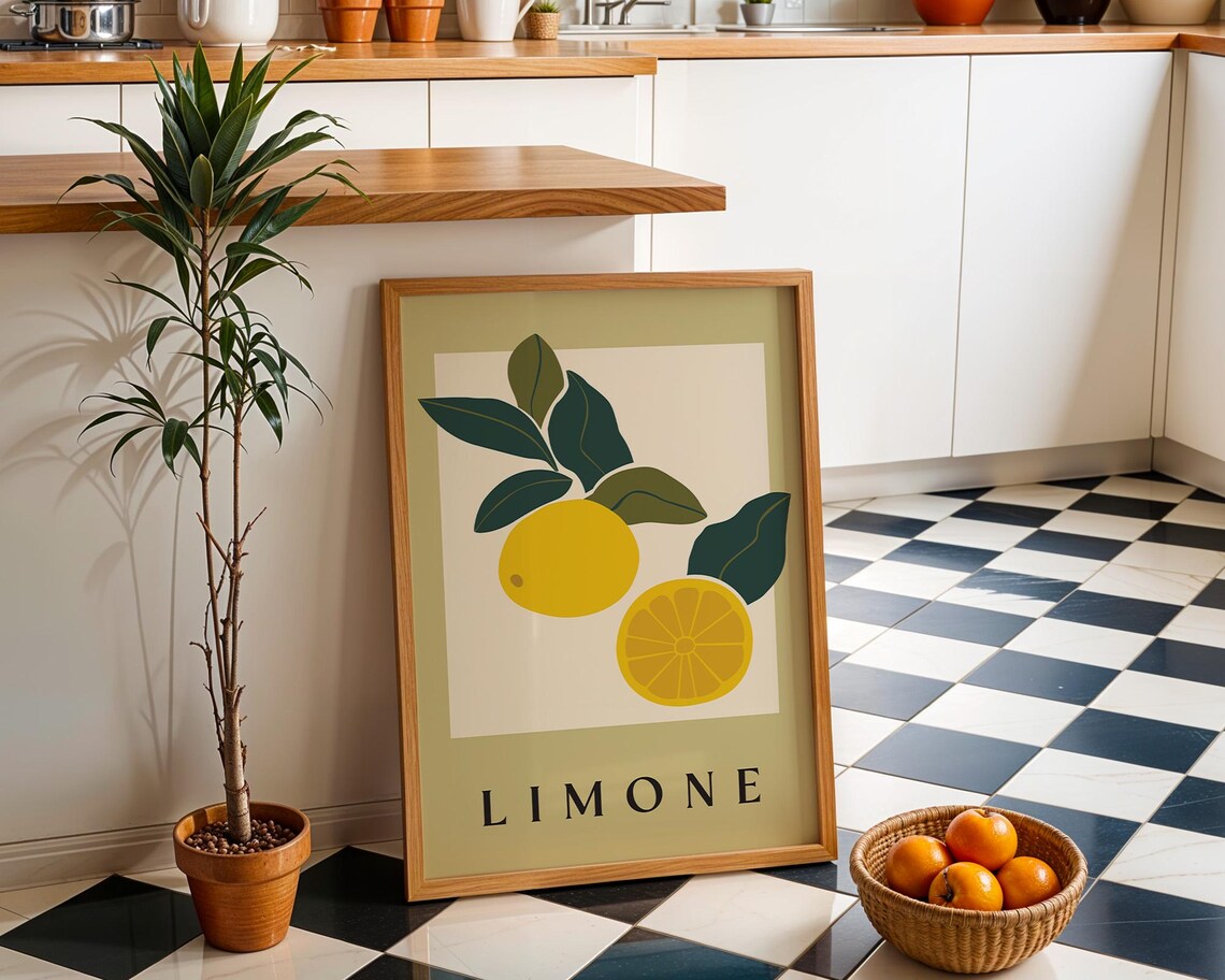 Italian Lemon Kitchen Art Print Modern Limone Wall Decor Mediterranean Fruit Poster Minimalist Yellow Botanical Illustration