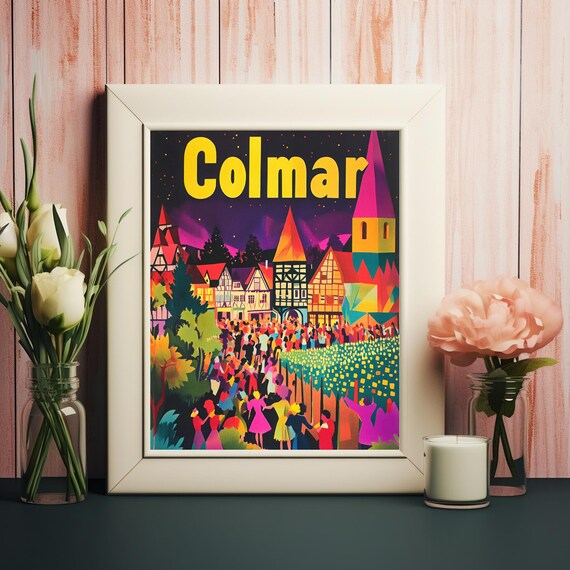 Vibrant Celebration In Colmar A Colorful Mid 20th Century Art Print Of A Lively Festival Scene Under A Starry Sky