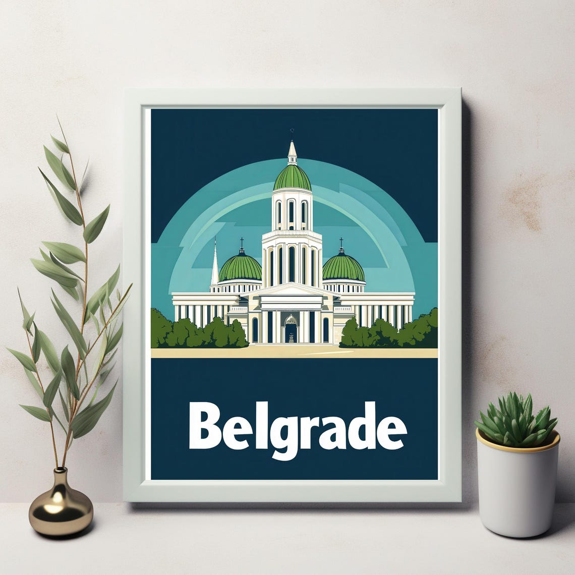 Belgrade A Modern Art Illustration Of A Cathedral With Green Domes And Bold Typography For Wall Art Decor - Image 2