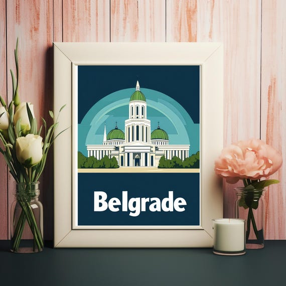 Belgrade A Modern Art Illustration Of A Cathedral With Green Domes And Bold Typography For Wall Art Decor