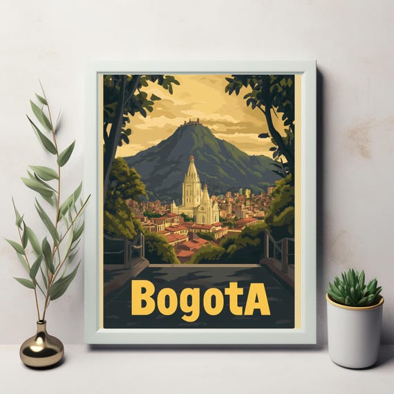 Vintage Inspired Bogot Illustration With Cathedral And Mountain Mid 20th Century Travel Art Print