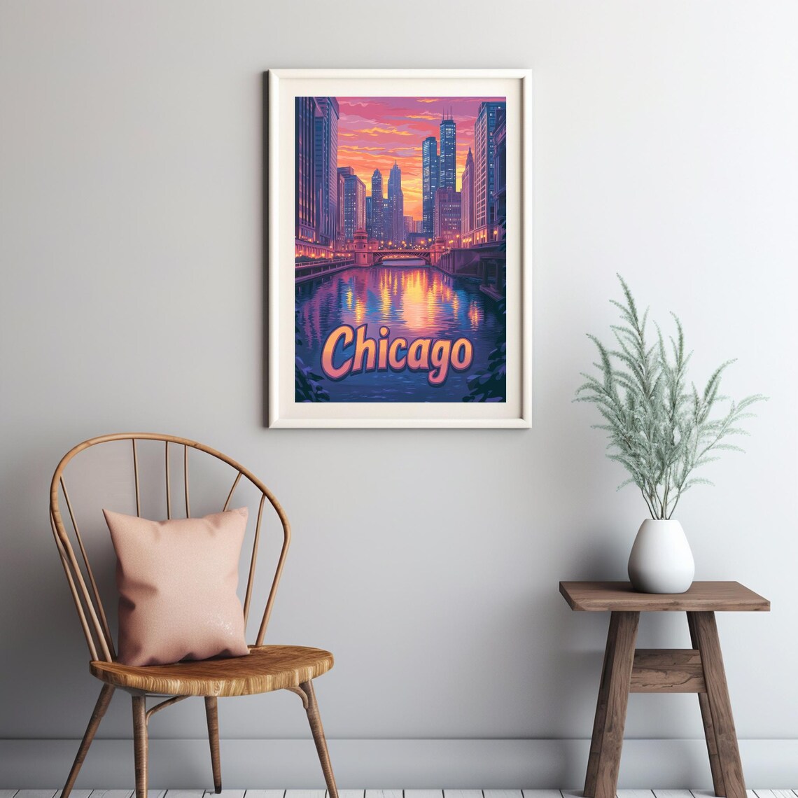 Chicago Skyline At Sunset, Retro Art Print