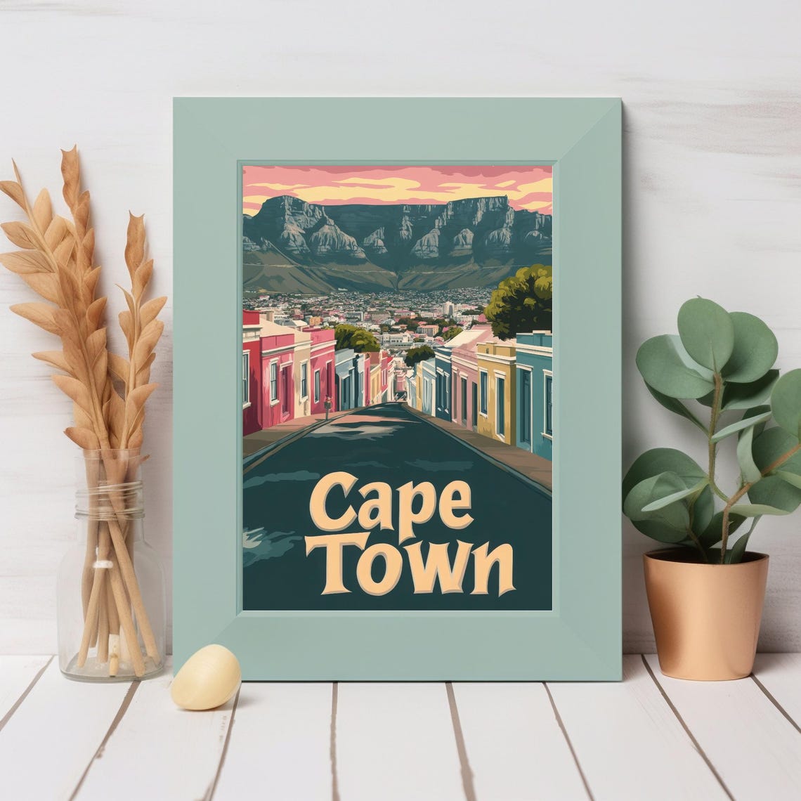 Vibrant Cape Town Illustration Charming Pastel Houses With Table Mountain At Sunset Instant Wall Art - Image 2