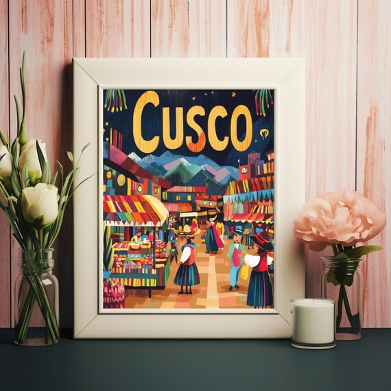 Cusco Night Market Poster with Colorful Stalls and Festive Crowd