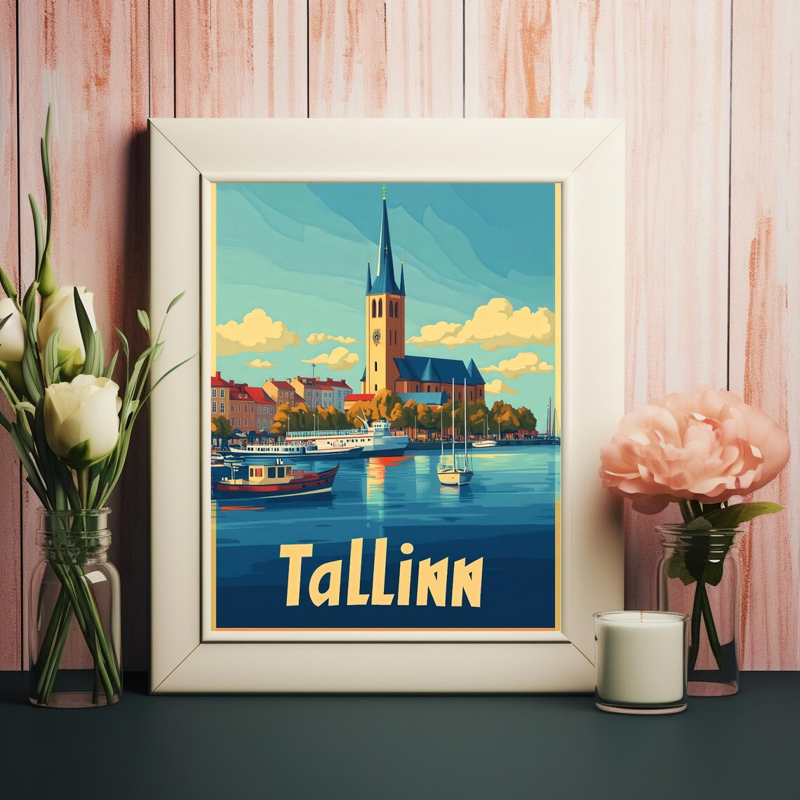 Tallinn Waterfront Scene, Historic Spire Art Print