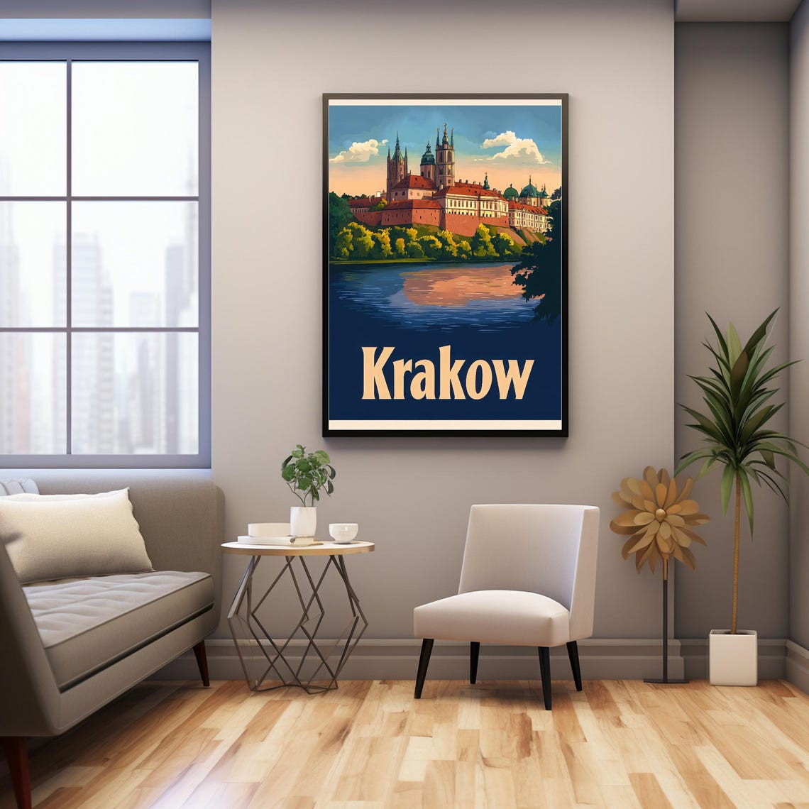 Vintage Krakow Illustration Scenic River Iconic Architecture And Lush Greenery A Serene Travel Poster Design - Image 3