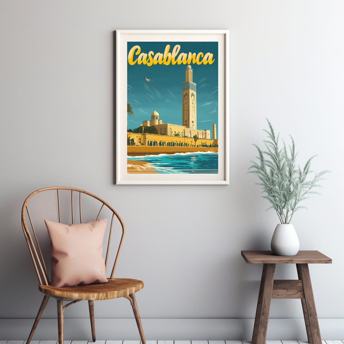 Vibrant Vintage Casablanca Illustration With Iconic Architecture And Sandy Beach A Nostalgic Travel Poster Art - Image 3