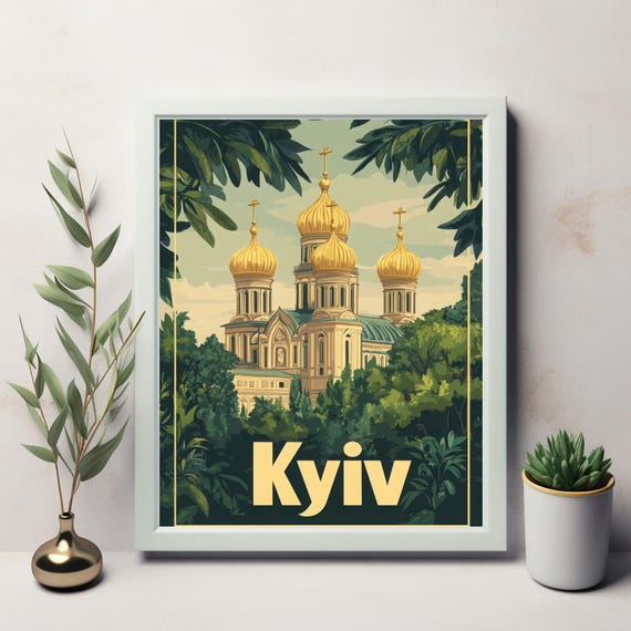 Kyiv A Vintage Travel Poster Illustration Of The Citys Iconic Golden Domed Architecture Amidst Lush Greenery