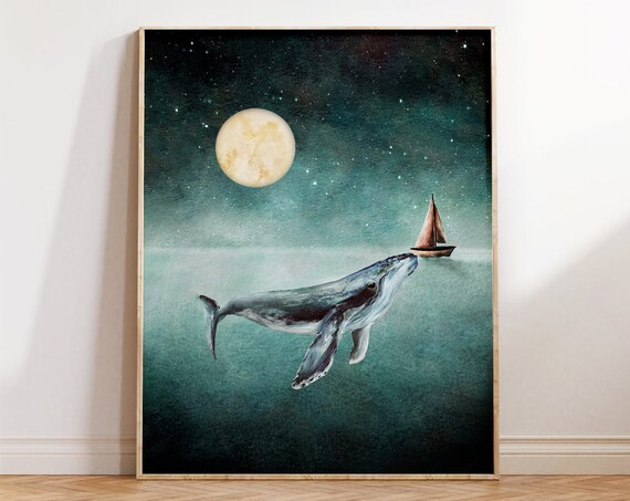 Whale Art Print Ocean Nursery Whimsical Moon And Sail Boat Humpback Watercolor Painting