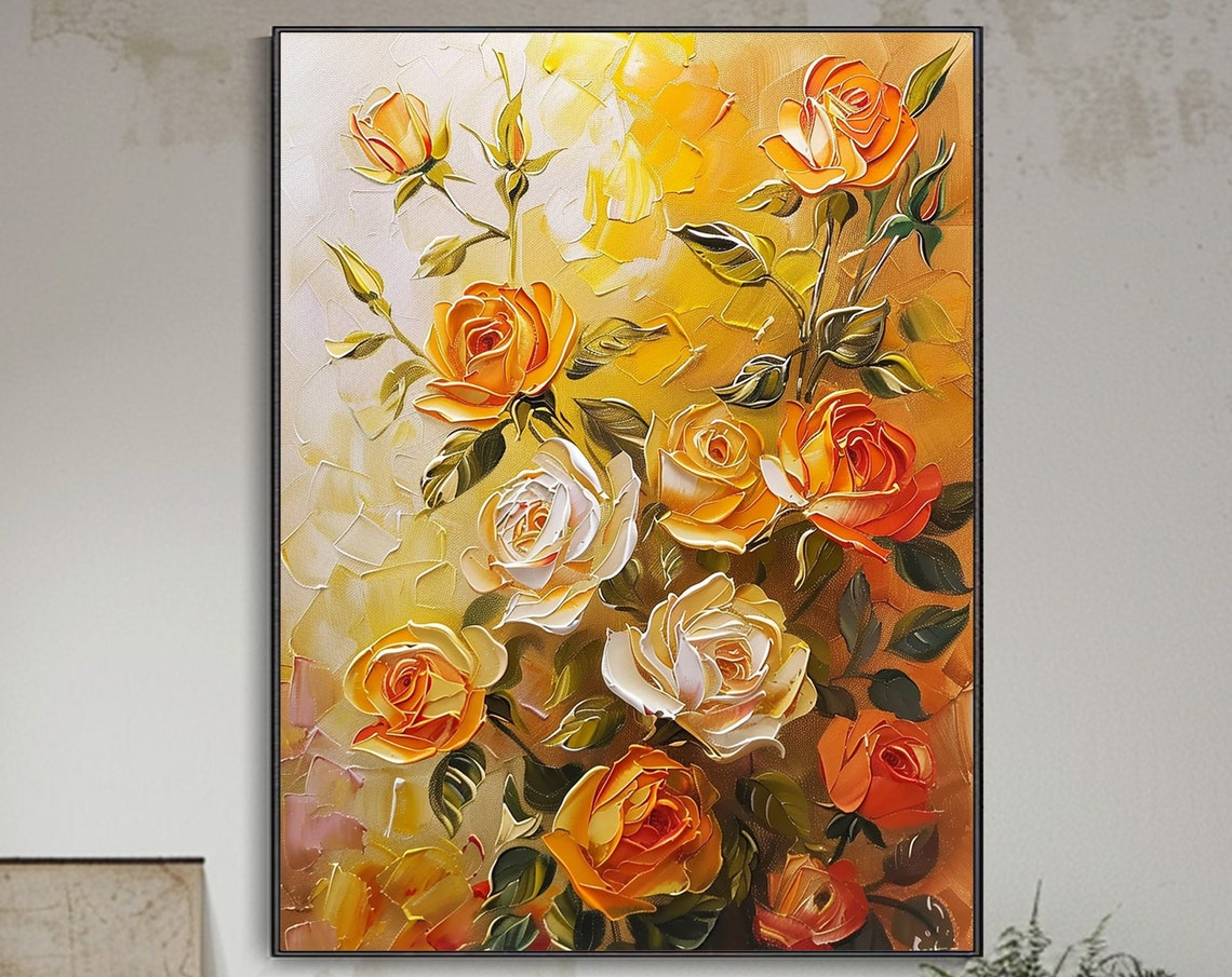 Golden Yellow Orange Roses Creamy Texture Knife Painting Poster