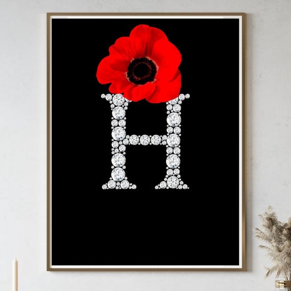 Diamond Letter H Wall Art Red Flower Monogram Print Elegant Initial Poster Personalized Name Decor Luxury Alphabet Glam
