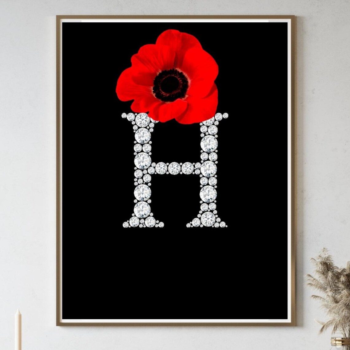 Diamond Monogram Initial H Red Poppy Flower Glam Black Poster