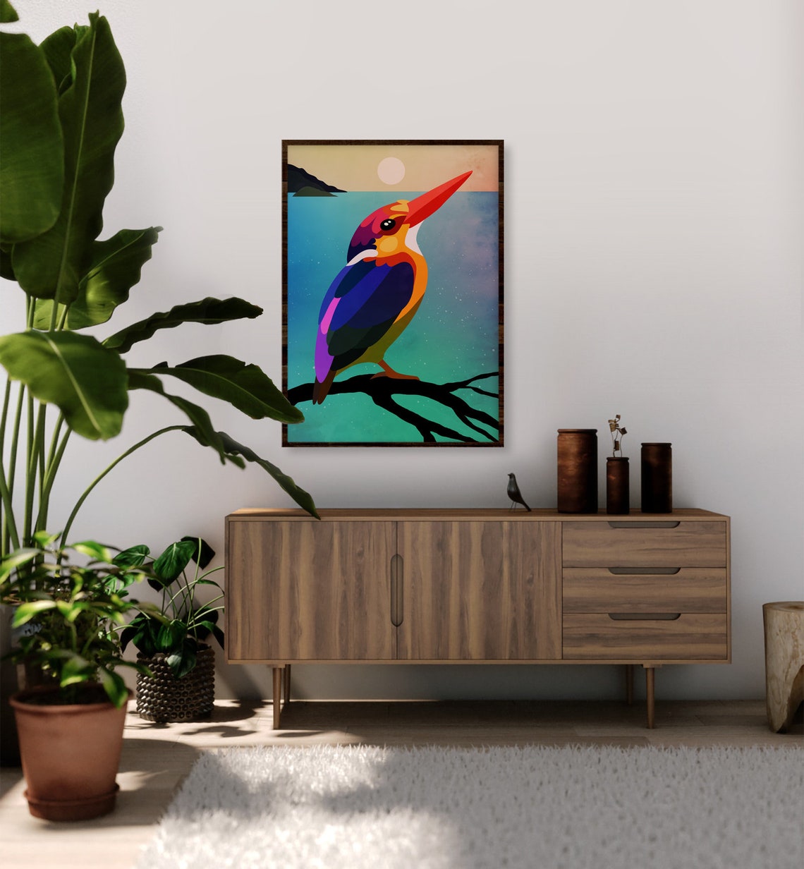 Colorful Kingfisher Bird Geometric Illustration Teal Ocean Art Poster - Image 3