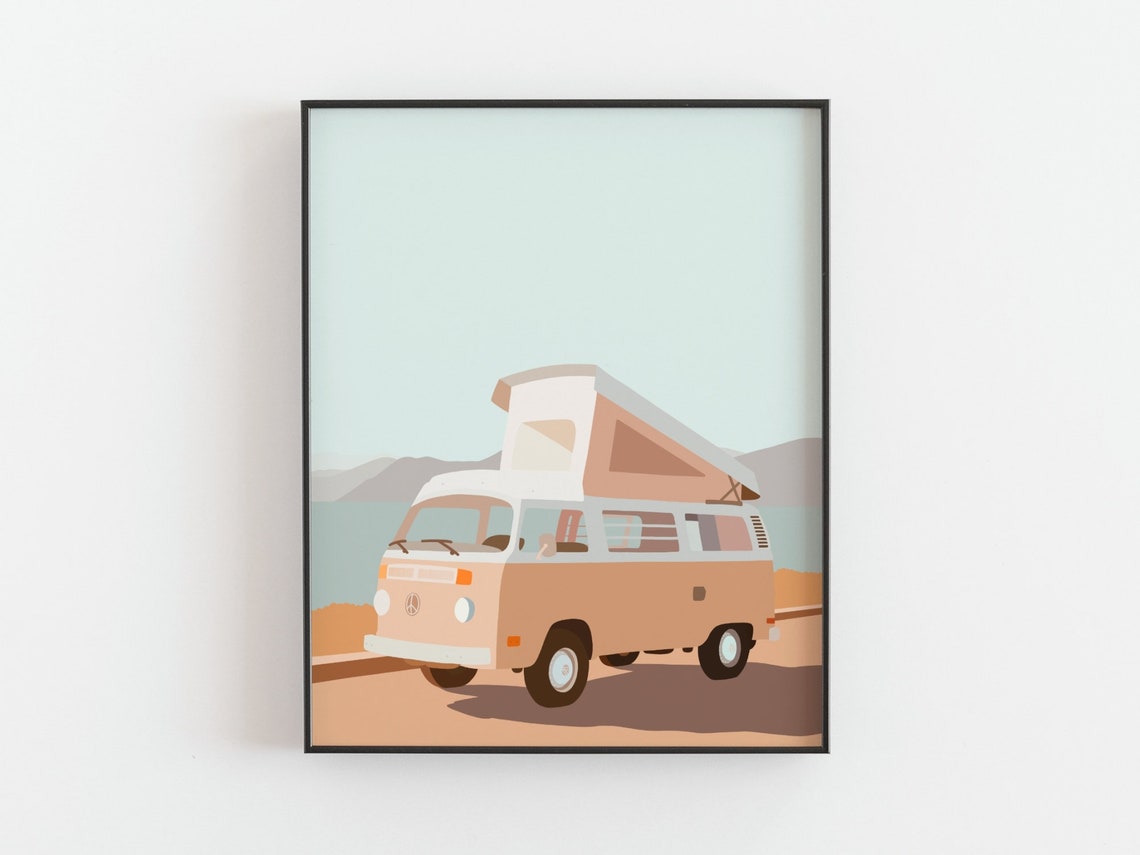 Peach Camper Van Coastal Road Trip Minimalist Illustration Art Print - Image 2