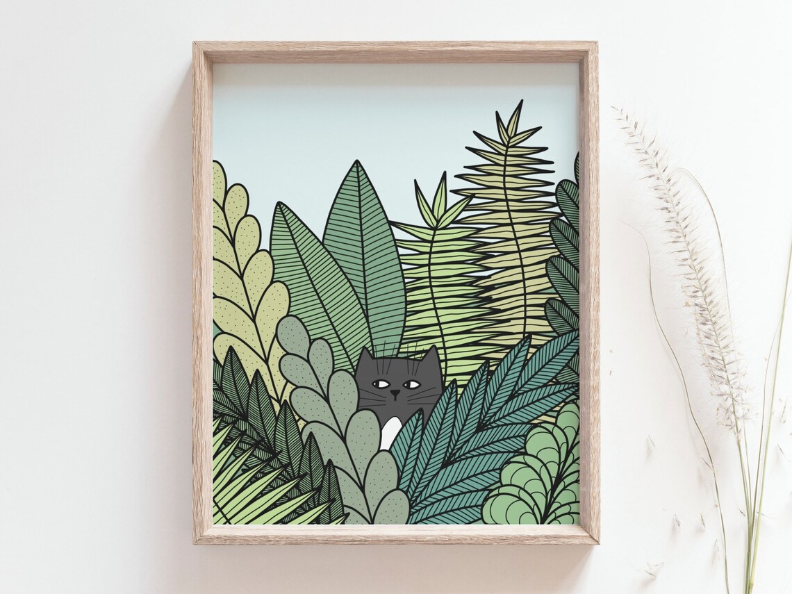 Tuxedo Cat Hiding Among Ferns, Botanical Art Print - Image 3